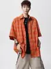 Camisa de Manga Corta a Cuadros Naranja Estilo Retro Americano High Street para Hombre Verano Holgada y Versátil Casual Cuello de Solapa Camisa de Trabajo