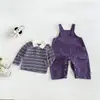 Conjunto de Dos Piezas Dianxi Sweet Baby: Top Rayado con Cuello Polo y Overol Casual Versátil para Otoño