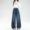 Jeans de perna larga, cintura alta, feito sob medida e moderno para mulheres, projetado para valorizar a silhueta e disfarçar o formato das pernas, um estilo retrô popular este ano