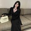 Vestido Retrô Elegante com Decote V, Gola Halter, Cintura Torcida para Mulheres no Outono e Inverno com Saia Elegante de Manga Longa que Molda o Corpo