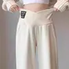 Pantalones de maternidad de pierna ancha con soporte para el vientre de cintura baja para principios del embarazo, pantalones largos de felpa forrada para otoño e invierno talla grande, pantalones casuales de maternidad para otoño