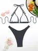 Traje de baño europeo y americano de nuevo estilo dividido Bikini de lunares blancos con cuello halter Conjunto de dos piezas Color contrastante Deseo puro Amazon Transfronterizo