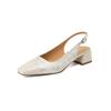Sandalias de mujer de piel de vaca de seda china, frescas y elegantes, con bloques de color, tacón medio grueso y punta cuadrada, de cuero genuino, con parte trasera vacía, 2024