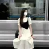 Vestido Falso de Duas Peças Doce e Puro com Mangas Bufantes Feminino Plus Size Figura Maçã Gordinha Saia Longa de Verão