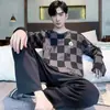 Pijama de Hombre Nuevo de Primavera y Otoño Transfronterizo de Manga Larga Cuello Redondo Holgado Estilo Coreano Talla Grande Ropa Deportiva Portátil para el Hogar Conjunto