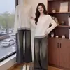 Camiseta de Manga Larga con Adorno de Encaje Blanco para Mujer, Nueva de Principios de Otoño, Talla Grande, Delgado, Cubre Vientre, Top Básico