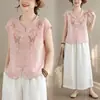 Nueva blusa de manga corta bordada con encaje estilo chino para mujer, verano 2026, moda retro para mujer, top de algodón y lino de alta gama