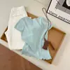 Blusa Feminina Elegante de Tricô com Babados Manga Curta Estilo Coreano 2026 Primavera/Verão Gola Redonda Pulôver Tricô Slim Fit