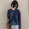 Suéter corto de diseño abierto para mujer, jersey de otoño holgado de color sólido con cuello redondo, manga larga apilada, top corto casual