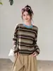 Camiseta de rayas de bloques de color elegantes con cuello redondo, holgada, de manga larga para mujer, estilo casual elegante de principios de otoño, top con hombros caídos regular