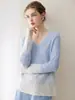 Nuevo suéter elegante de cachemira para otoño, jersey holgado de cuello en V, top de punto de manga larga para primavera y otoño para mujer, camiseta básica ajustada con diseño hueco