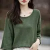 Camiseta de punto de algodón puro para mujer, manga tres cuartos, verano, hueca, suéter holgado, talla grande