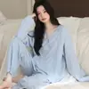 Pijama de Gasa de Algodón Puro Manga Larga Pantalón Largo Color Sólido Pullover Transmisión en Vivo Conjunto de Dos Piezas de Algodón Puro para Mujer Ropa para el Hogar