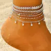 Tobilleras Doradas Transfronterizas Europeas y Americanas, Tobilleras de Aleación con Colgante de Circonita, Juego de 6 Piezas de Joyería para el Pie, Accesorios Personalizados, Estilo Popular de Playa