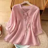 Nova camisa de algodão e linho estilo chinês ricamente bordada para mulheres, verão, traje tradicional chinês para chá, modificada com botões de pérola, gola diagonal, top de algodão e linho com decote V