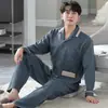 Pijama para hombre de algodón al aire al por mayor, otoño e invierno para hombre, algodón, manga larga, otoño, mediana edad, talla grande, sándwich engrosado, ropa de casa
