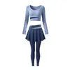 Conjunto de Yoga para Mujer Top Corto de Manga Larga con Cuello en U Falda con Cintura Cruzada de Bloques de Color Pantalones Cortos Ropa Deportiva para Gimnasio Entrenamiento Running