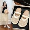 Chinelos Meia-Calça com Biqueira Reta para Uso Externo de Verão Feminino 2025 Novo Estilo Slip-On com Malha de Saia Flats Sandálias Pescador