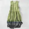Vestido Casual de Algodão Puro com Estampa Digital Nova, Gola Redonda, Sem Mangas, Comprimento Médio, Para Mulheres, Verão na Praia