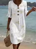 Em Estoque Amazon Moda Transfronteiriça Feminina Novo Estilo Gola V Botão Estampa Floral Casual Vestido de Algodão e Linho