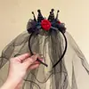 Diadema Corona Negra con Velo Gótico de Halloween para Mujer, Diadema Elegante de Rosa de Alta Gama, Vestido de Fiesta Festivo