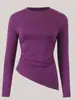 Top de Yoga para Chicas Latte Cuello Redondo Blusa con Abertura Top Deportivo Ajustado Plisado Ropa de Yoga de Manga Larga para Mujer