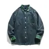 Jaqueta Jeans Rumeng Estilo Japonês Retrô Tendência Cor Blocada Gola Reversível para Homens e Mulheres, Outono Modelagem Solta Lavada Cool Jaqueta Workwear