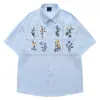 Camisas de Manga Curta Bordadas com Flores Estilo Retro Americano Indústria Pesada para Homens e Mulheres Marca Tendência Estilo Bf Soltas para Casal Camisas 2025