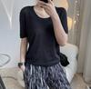 Coleção Privada Verão Novo Minimalista Francês Desconstruído Linho Gola U Manga Curta Camiseta Solta Emagrecedora Top para Mulheres Fino