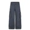Calça Workwear Lavada com Efeito Desgastado Estilo Retrô Americano para Homens, Marca Moderna com Design Desconstruído em Patchwork, Calça de Perna Larga Reta com Múltiplos Bolsos