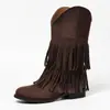 Botas vaqueras occidentales populares de doble capa con flecos europeos y americanos, botas de media pantorrilla para mujer, tacón grueso bajo, sin cordones antideslizantes, botas de montar, zapatos de mujer