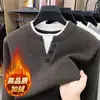 E-commerce Transfronteiriço Suéter Espesso com Veludo Interno Masculino Outono e Inverno Peça Falsa de Duas Peças Casual Camada Base Quente Malha Estilo Old Money Masculino
