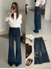 Otoño TOP Estilo Europeo Guangzhou Trece Líneas Bolsillos Dobles Versátil Jeans Acampanados Elásticos 360 Grados con Cinturón 13355