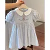 Vestido de Niña Verano 2024 Nuevo Estilo Moda para Bebé Vestido Infantil con Mangas Abullonadas Rayas Elegantes Conejito Blanco