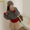 Elegante top de punto versátil de bloques de color con lazo, nuevo para otoño, suéter de cuello redondo con botones de madera estilo coreano de moda para mujer