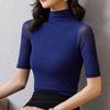 Camiseta de otoño con cuello medio alto y manga media fina de malla base para mujer, camiseta de manga corta entallada con media manga interior, top adelgazante de moda