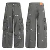 Pantalones Cargo Bordados con Salpicaduras Estilo Retro Americano Desgastado para Hombres y Mujeres 2025 Nuevos Casuales Rectos Sueltos de Pierna Ancha