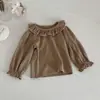 Estilo INS Primavera e Outono Bebê Recém-nascido Estilo Floresta Gola Franzida Manga Longa Camada Base Top para Meninas Ondas Pequenas Listras Verticais Roupa de Baixo Top