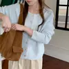 Cardigã de tricô estilo coreano, estilo suave, suéter curto texturizado amarelo claro, peça versátil para o dia a dia