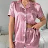 Atacado Comércio Exterior Transfronteiriço Novo Estilo Pijama Feminino Cetim Jacquard Gola Lapela Manga Curta Shorts Conjunto de Roupa de Casa Europeu e Americano