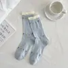 Calcetines de Algodón de Xinjiang para Mujer, Versátiles de Caña Media Finos Estilo Ballet con Estampado Floral, Puño de Burbuja, Calcetines Holgados, Calcetines sin Costuras para Maternidad