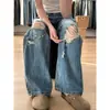 Calça Jeans Reta Rasgada Estilo Americano Curta para Mulheres, Novo Estilo de Verão, Caimento Solto, Design Emagrecedor, Calça Wide Leg Comprida