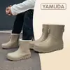 Botas de chuva com veludo interno masculino novo estilo caminhada ao ar livre impermeável casual calçados aquáticos feminino casal botas curtas botas de chuva de cano médio