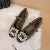 Zapatos Mary Jane para Mujer Estilo Mismo de Mamá de Uva Hebilla de Diamante Punta Cuadrada Pequeña Forro de Terciopelo Correa de Una Sola Línea Aspecto Cálido y Adelgazante Tacón Grueso para Primavera y Otoño