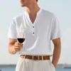 Camisa masculina casual de verão europeia e americana, folgada, gola alta casual masculina, abotoada, linho, manga curta, cor sólida, plus size