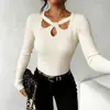 Suéter de Punto con Cuello Halter y Cuello Redondo, Nuevo Estilo de Primavera, con Corte Cruzado, para Mujer, Jersey de Manga Larga, Capa Base Ajustada con Superposición Calada