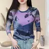 Camiseta de Manga Longa Estampada Pintura a Tinta para Mulheres 2025 Primavera e Outono Nova Malha Fina Casual Versátil Gola Redonda Efeito Emagrecedor Top