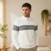 Suéter de punto jacquard para hombre, cuello alto, media cremallera, suéter a rayas retro otoño/invierno, capa base casual y versátil para hombre