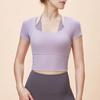 Top Deportivo de Yoga de Dos Piezas con Mangas Cortas para Mujer con Almohadillas en el Pecho, Top Deportivo para Correr, Camiseta Ajustada que Muestra la Cintura Bt009
