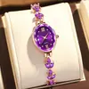 Comercio exterior nuevo trigo diamante reloj dama pétalos hojas mujer reloj cuarzo pulsera violeta mayoreo